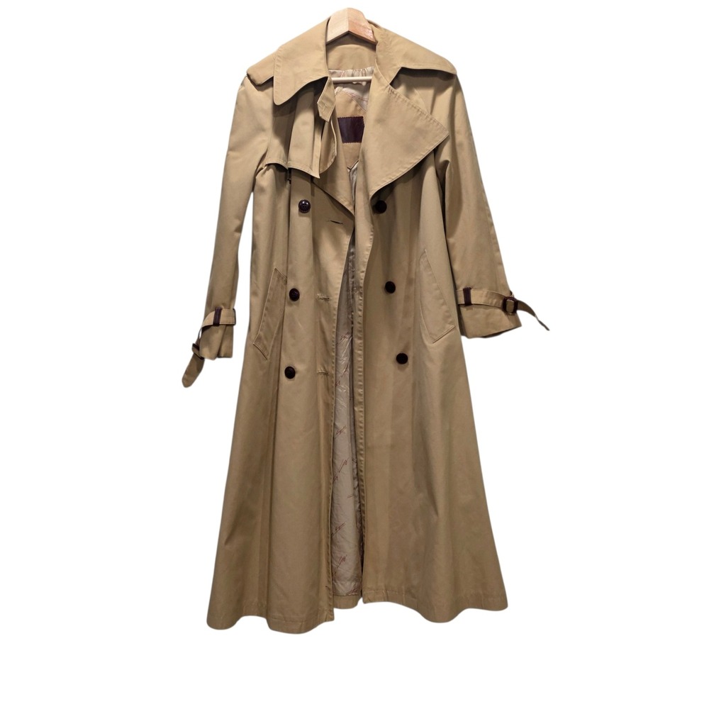 Etienne Aigner Trench Coat 10 Tan Double Breasted Long Leather Trim Vintage